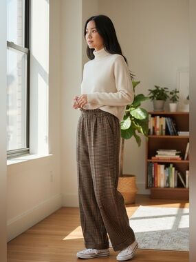 Oat New York Taupe and Brown Glen Plaid Wide-Leg Pants